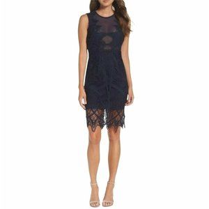 Bardot Navy Lace Mesh Pencil Dress Sz. 4 Knee Length Body Con Sleeveless